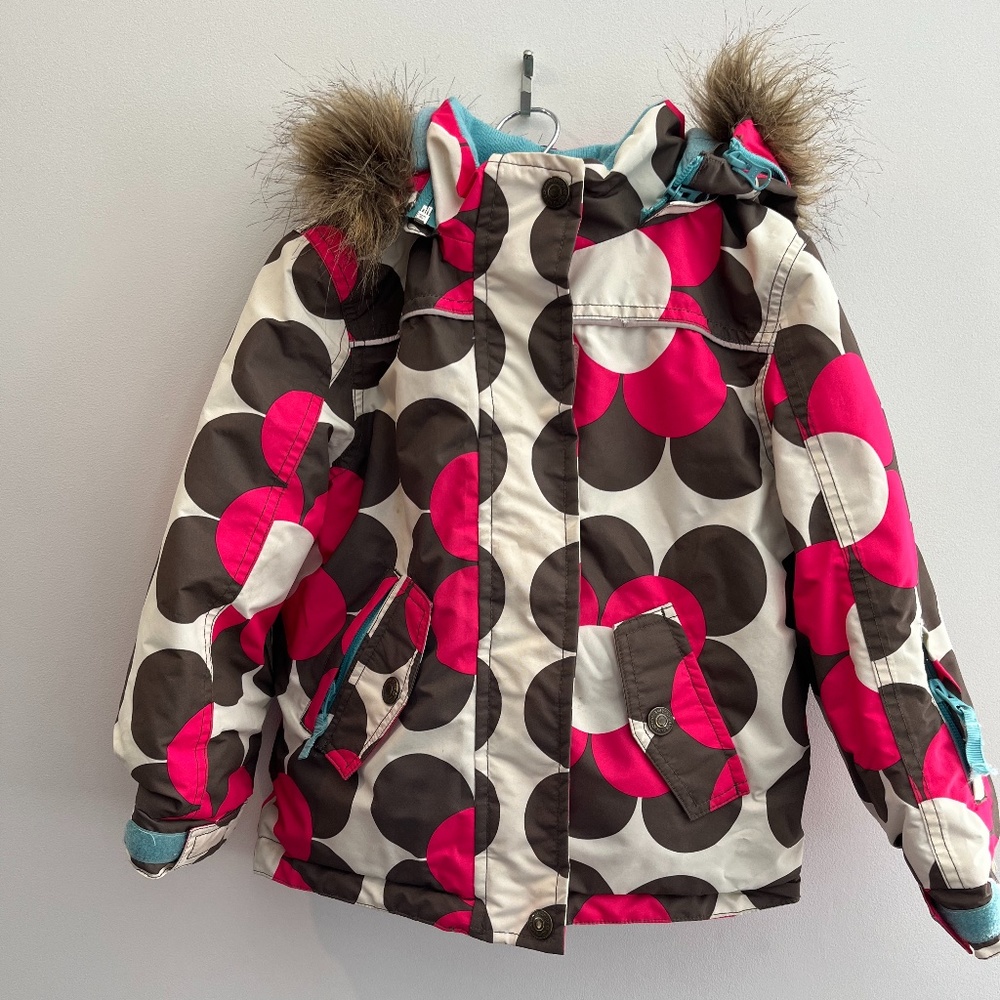 Mini Boden Floral Winter Parka with Faux Fur Hood (size 4-5)